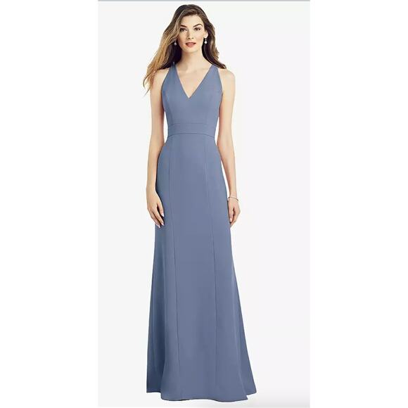 After Six Dress Womens 8R Larkspur Blue V Neck Keyhole Crepe Trumpet Gown 6821 - Picture 1 of 10